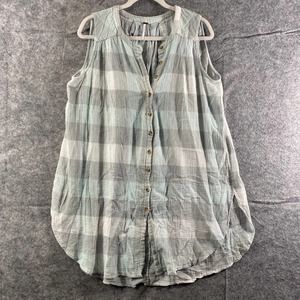 Free People Tank Top Medium Green Gray Plaid Sleeveless Button-Up Tunic